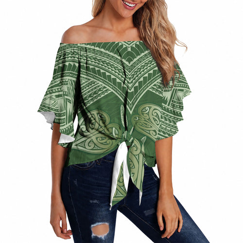 Green New Zealand Kawakawa Maori Ngaru Off Shoulder Wrap Waist Top