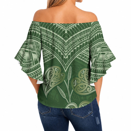 Green New Zealand Kawakawa Maori Ngaru Off Shoulder Wrap Waist Top