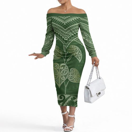 Green New Zealand Kawakawa Maori Ngaru Off The Shoulder Long Sleeve Dress