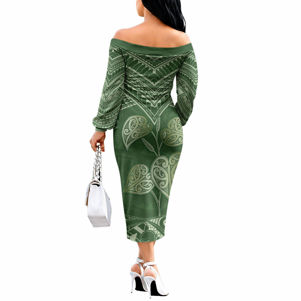 Green New Zealand Kawakawa Maori Ngaru Off The Shoulder Long Sleeve Dress
