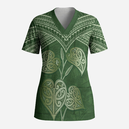 Green New Zealand Kawakawa Maori Ngaru Scrub Top