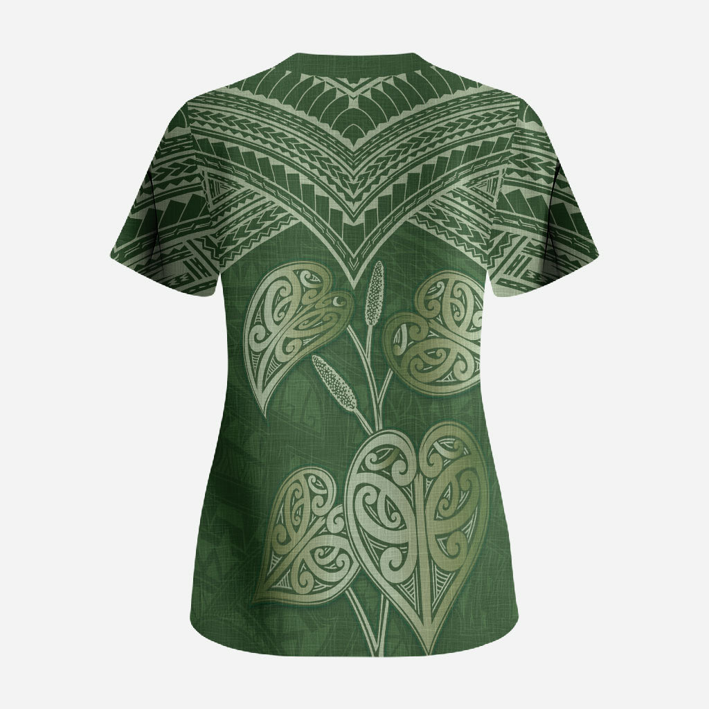 Green New Zealand Kawakawa Maori Ngaru Scrub Top