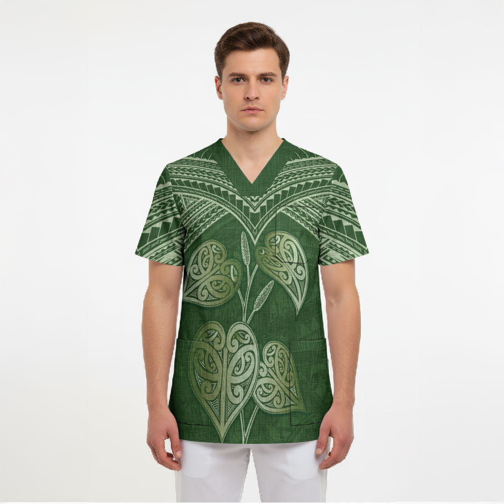 Green New Zealand Kawakawa Maori Ngaru Scrub Top