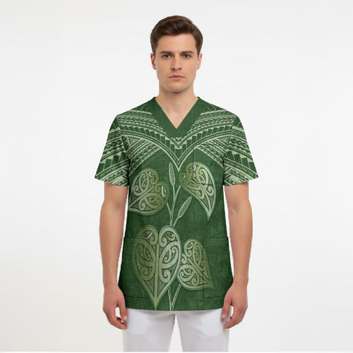Green New Zealand Kawakawa Maori Ngaru Scrub Top