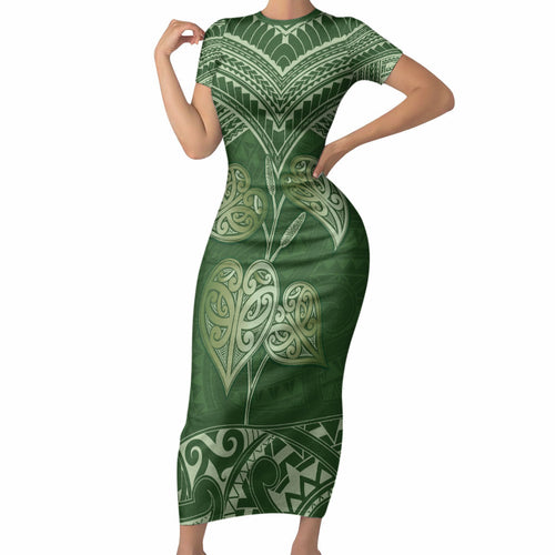 Green New Zealand Kawakawa Maori Ngaru Short Sleeve Bodycon Dress