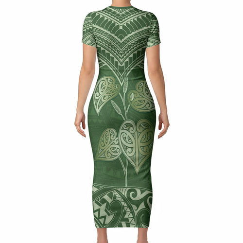 Green New Zealand Kawakawa Maori Ngaru Short Sleeve Bodycon Dress