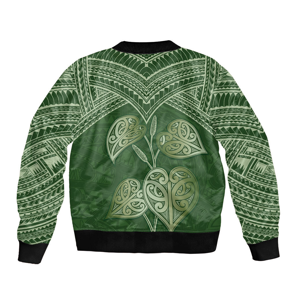 Green New Zealand Kawakawa Maori Ngaru Sleeve Zip Bomber Jacket