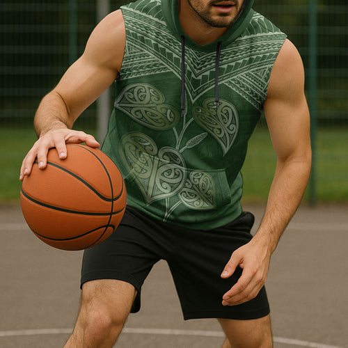 Green New Zealand Kawakawa Maori Ngaru Sleeveless Hoodie