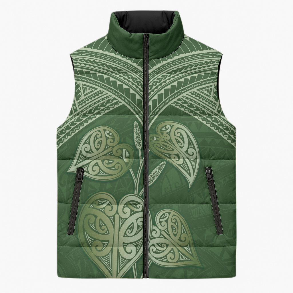 Green New Zealand Kawakawa Maori Ngaru Sleeveless Puffer Jacket