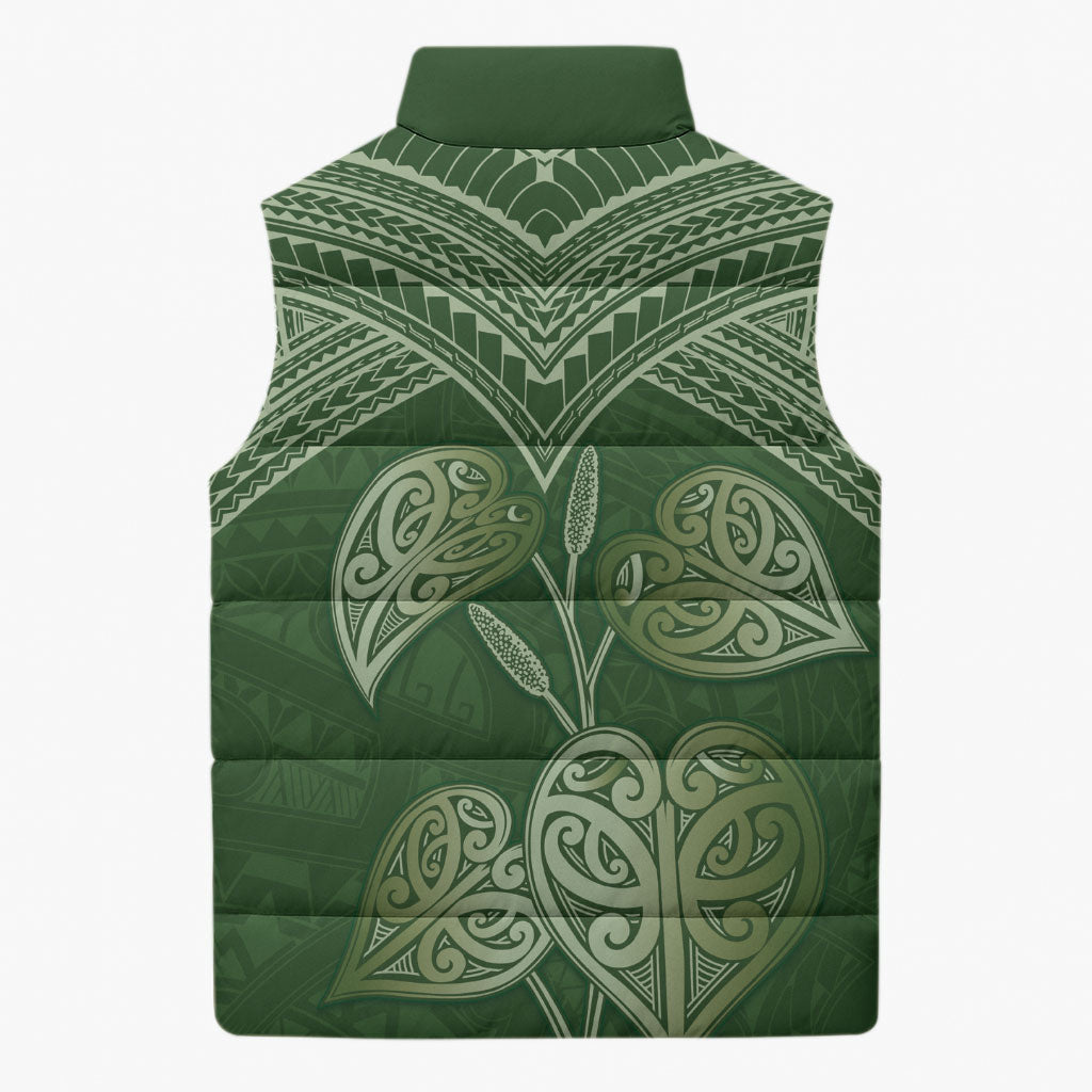 Green New Zealand Kawakawa Maori Ngaru Sleeveless Puffer Jacket