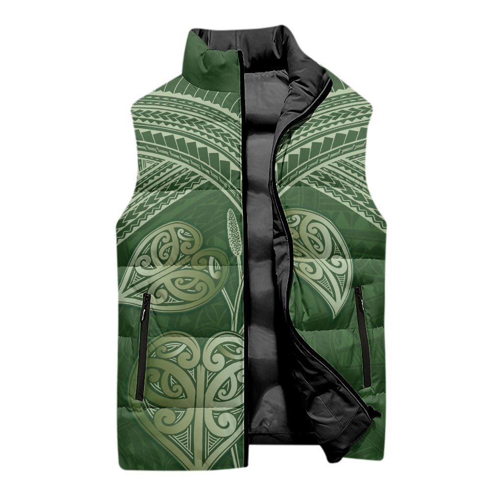 Green New Zealand Kawakawa Maori Ngaru Sleeveless Puffer Jacket