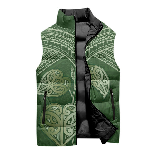 Green New Zealand Kawakawa Maori Ngaru Sleeveless Puffer Jacket
