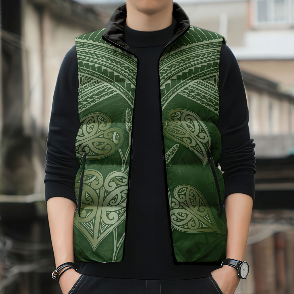 Green New Zealand Kawakawa Maori Ngaru Sleeveless Puffer Jacket