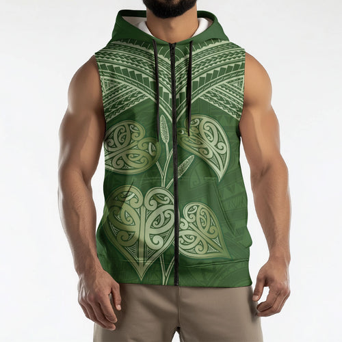 Green New Zealand Kawakawa Maori Ngaru Sleeveless Zip Hoodie