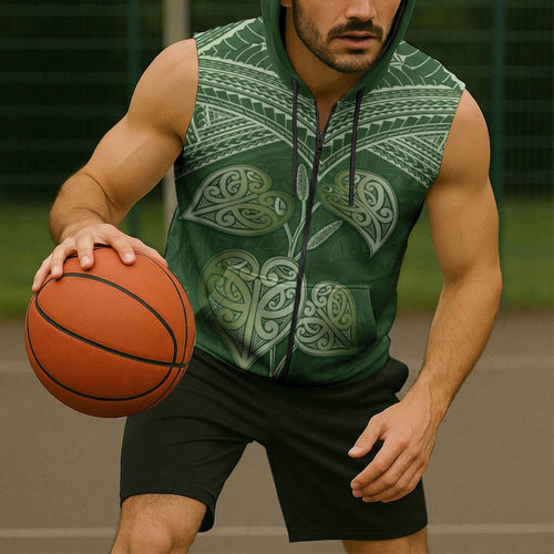 Green New Zealand Kawakawa Maori Ngaru Sleeveless Zip Hoodie