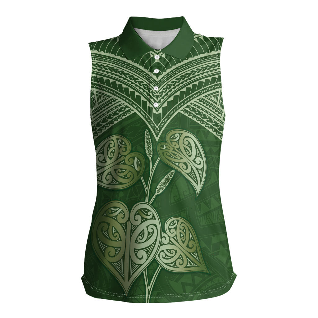 Green New Zealand Kawakawa Maori Ngaru Women Sleeveless Polo Shirt
