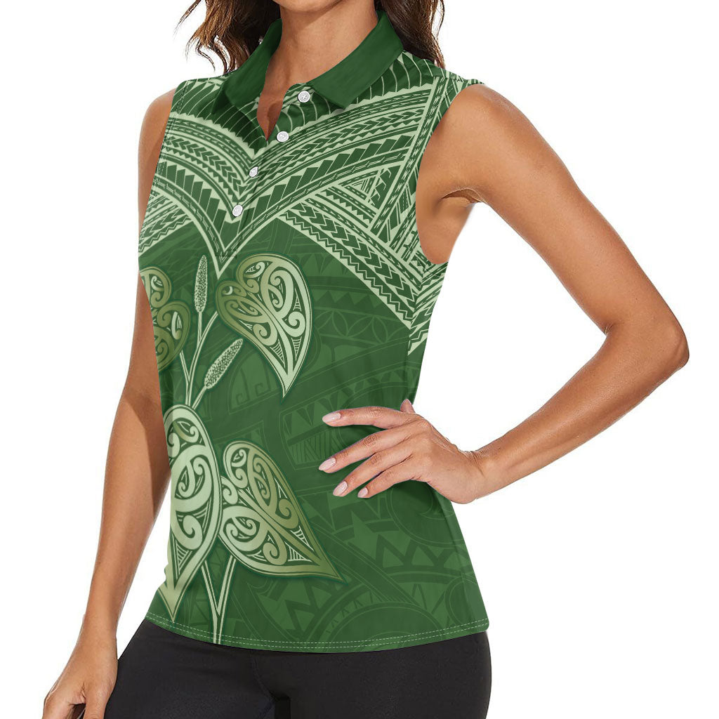 Green New Zealand Kawakawa Maori Ngaru Women Sleeveless Polo Shirt