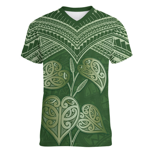 Green New Zealand Kawakawa Maori Ngaru Women V-Neck T-Shirt