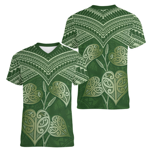 Green New Zealand Kawakawa Maori Ngaru Women V-Neck T-Shirt