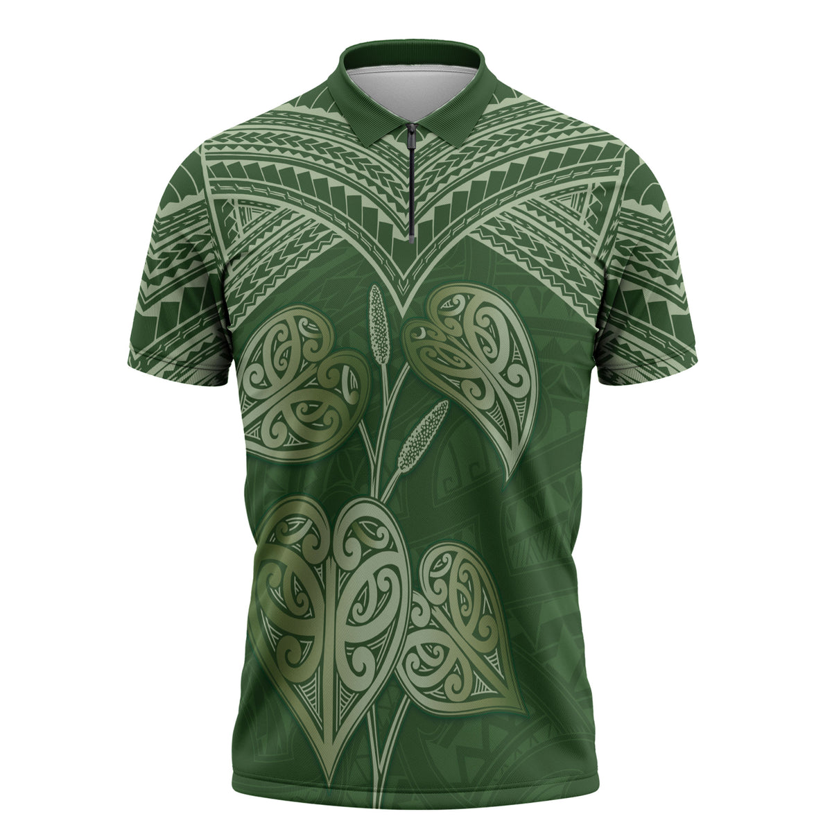 Green New Zealand Kawakawa Maori Ngaru Zipper Polo Shirt