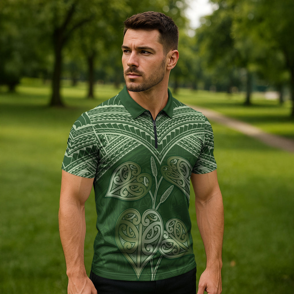 Green New Zealand Kawakawa Maori Ngaru Zipper Polo Shirt