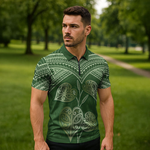 Green New Zealand Kawakawa Maori Ngaru Zipper Polo Shirt