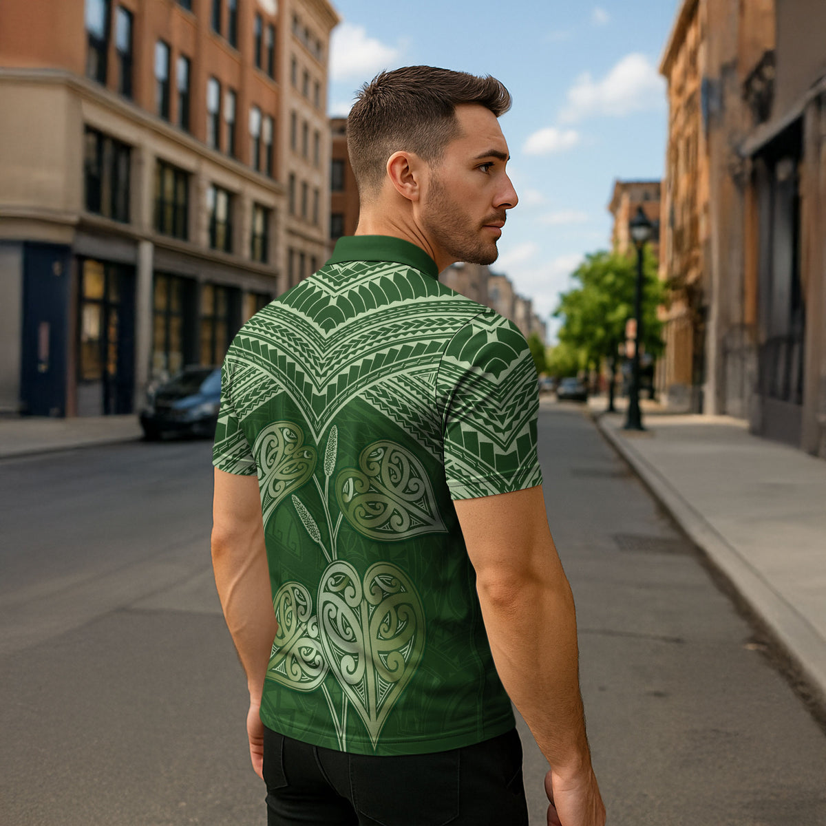Green New Zealand Kawakawa Maori Ngaru Zipper Polo Shirt