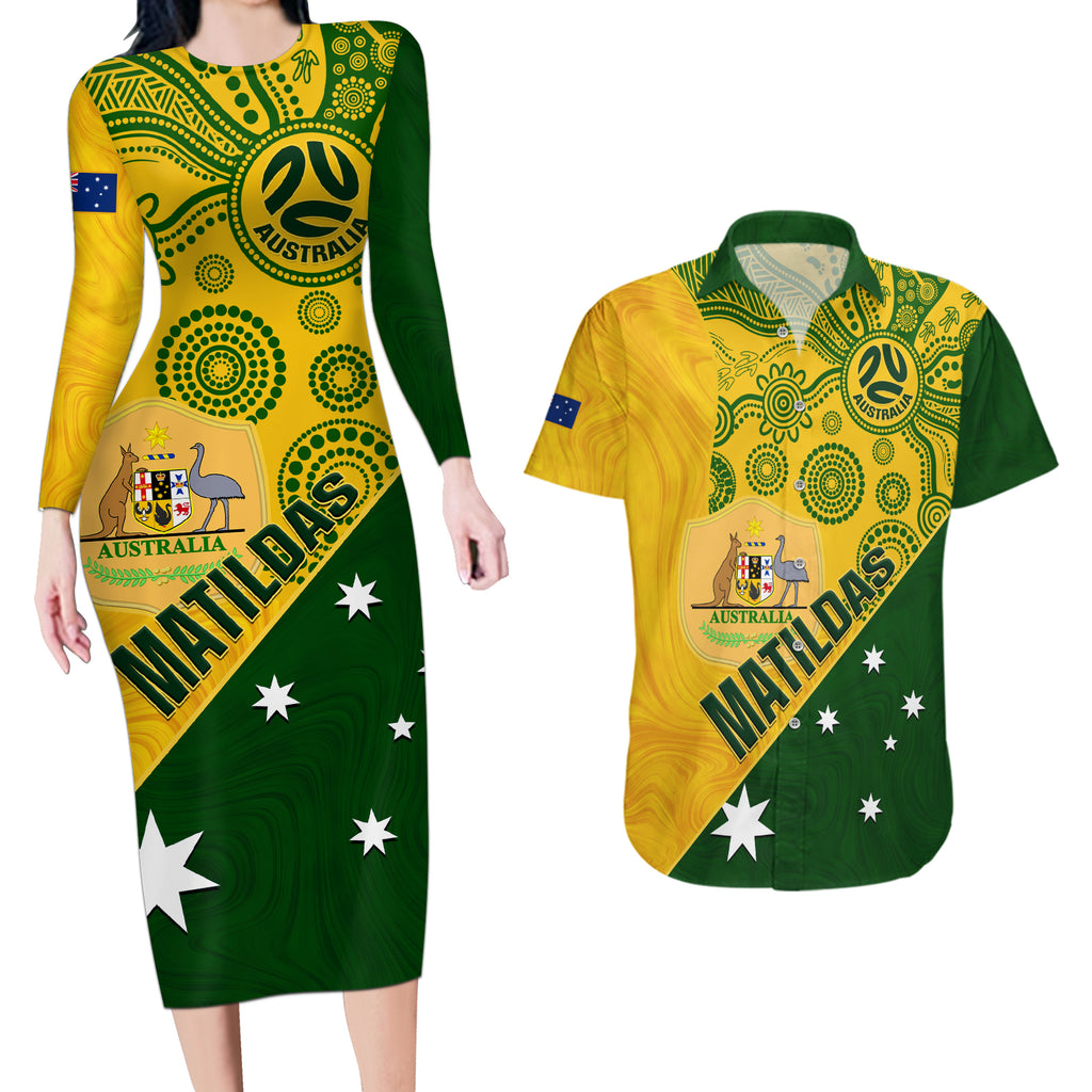 matildas-soccer-couples-matching-long-sleeve-bodycon-dress-and-hawaiian-shirt-australian-indigenous-national-color