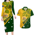 matildas-soccer-couples-matching-long-sleeve-bodycon-dress-and-hawaiian-shirt-australian-indigenous-national-color