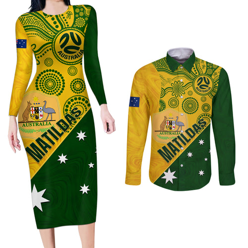 matildas-soccer-couples-matching-long-sleeve-bodycon-dress-and-long-sleeve-button-shirt-australian-indigenous-national-color