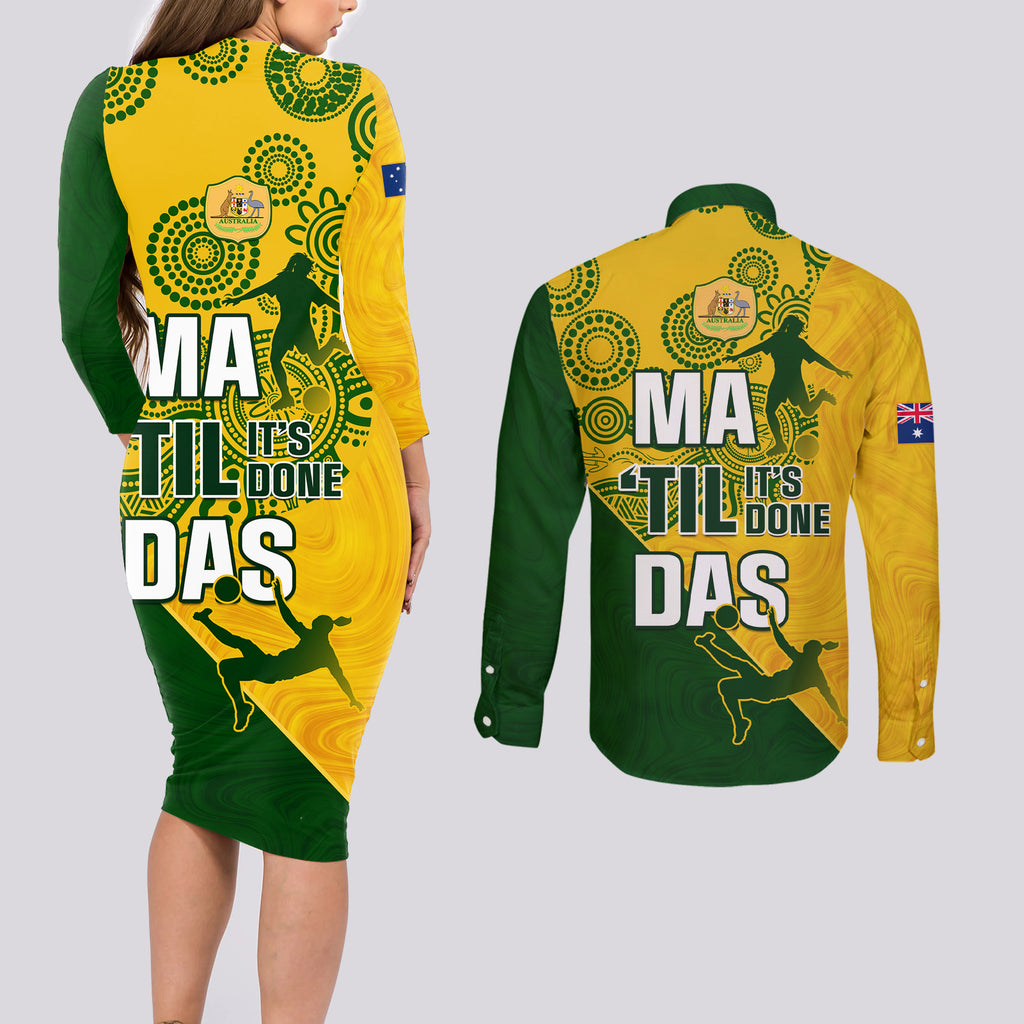 matildas-soccer-couples-matching-long-sleeve-bodycon-dress-and-long-sleeve-button-shirt-australian-indigenous-national-color