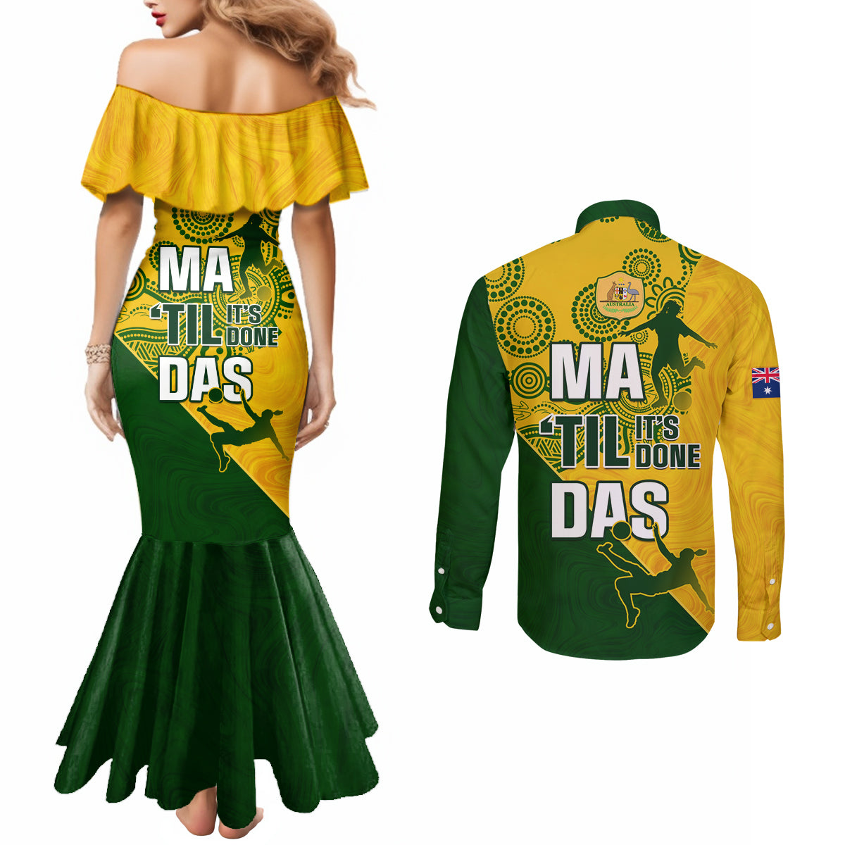 matildas-soccer-couples-matching-mermaid-dress-and-long-sleeve-button-shirt-australian-indigenous-national-color