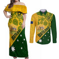 matildas-soccer-couples-matching-off-shoulder-maxi-dress-and-long-sleeve-button-shirt-australian-indigenous-national-color