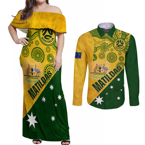 matildas-soccer-couples-matching-off-shoulder-maxi-dress-and-long-sleeve-button-shirt-australian-indigenous-national-color