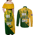 matildas-soccer-couples-matching-off-shoulder-maxi-dress-and-long-sleeve-button-shirt-australian-indigenous-national-color