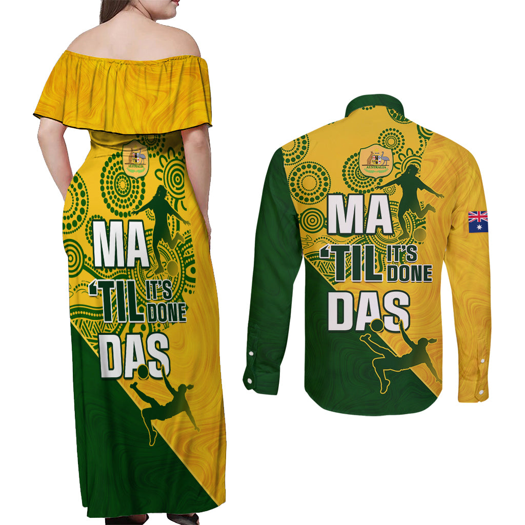 matildas-soccer-couples-matching-off-shoulder-maxi-dress-and-long-sleeve-button-shirt-australian-indigenous-national-color