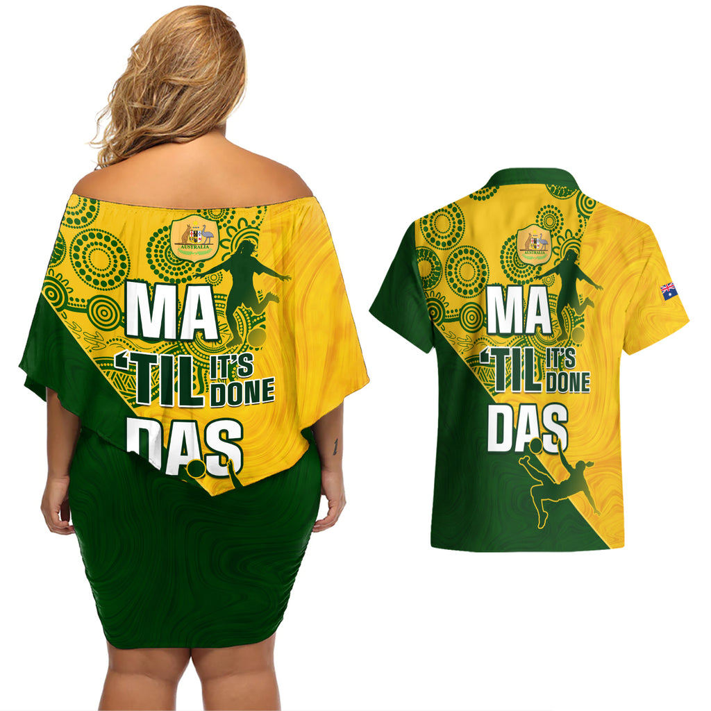 matildas-soccer-couples-matching-off-shoulder-short-dress-and-hawaiian-shirt-australian-indigenous-national-color