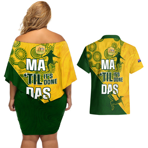 matildas-soccer-couples-matching-off-shoulder-short-dress-and-hawaiian-shirt-australian-indigenous-national-color