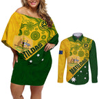 matildas-soccer-couples-matching-off-shoulder-short-dress-and-long-sleeve-button-shirt-australian-indigenous-national-color