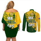 matildas-soccer-couples-matching-off-shoulder-short-dress-and-long-sleeve-button-shirt-australian-indigenous-national-color