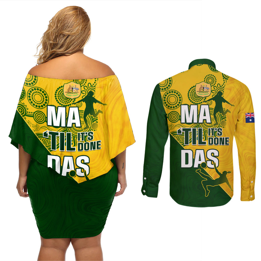 matildas-soccer-couples-matching-off-shoulder-short-dress-and-long-sleeve-button-shirt-australian-indigenous-national-color