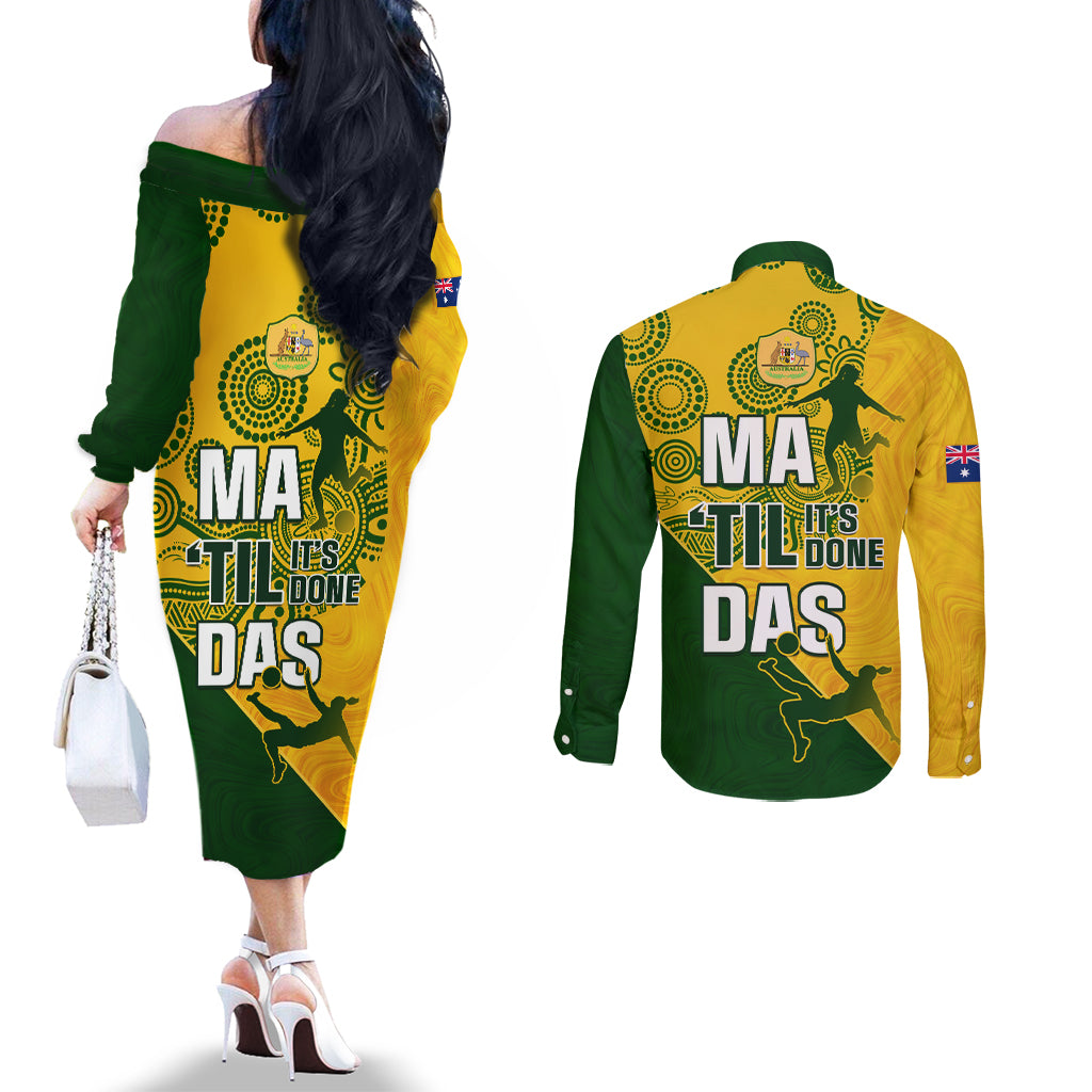 matildas-soccer-couples-matching-off-the-shoulder-long-sleeve-dress-and-long-sleeve-button-shirt-australian-indigenous-national-color