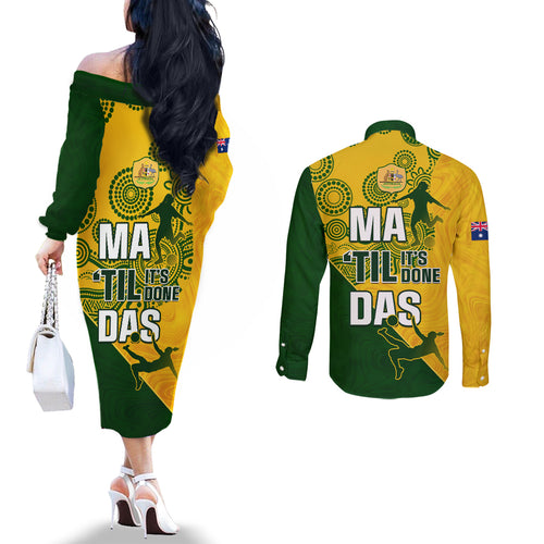 matildas-soccer-couples-matching-off-the-shoulder-long-sleeve-dress-and-long-sleeve-button-shirt-australian-indigenous-national-color