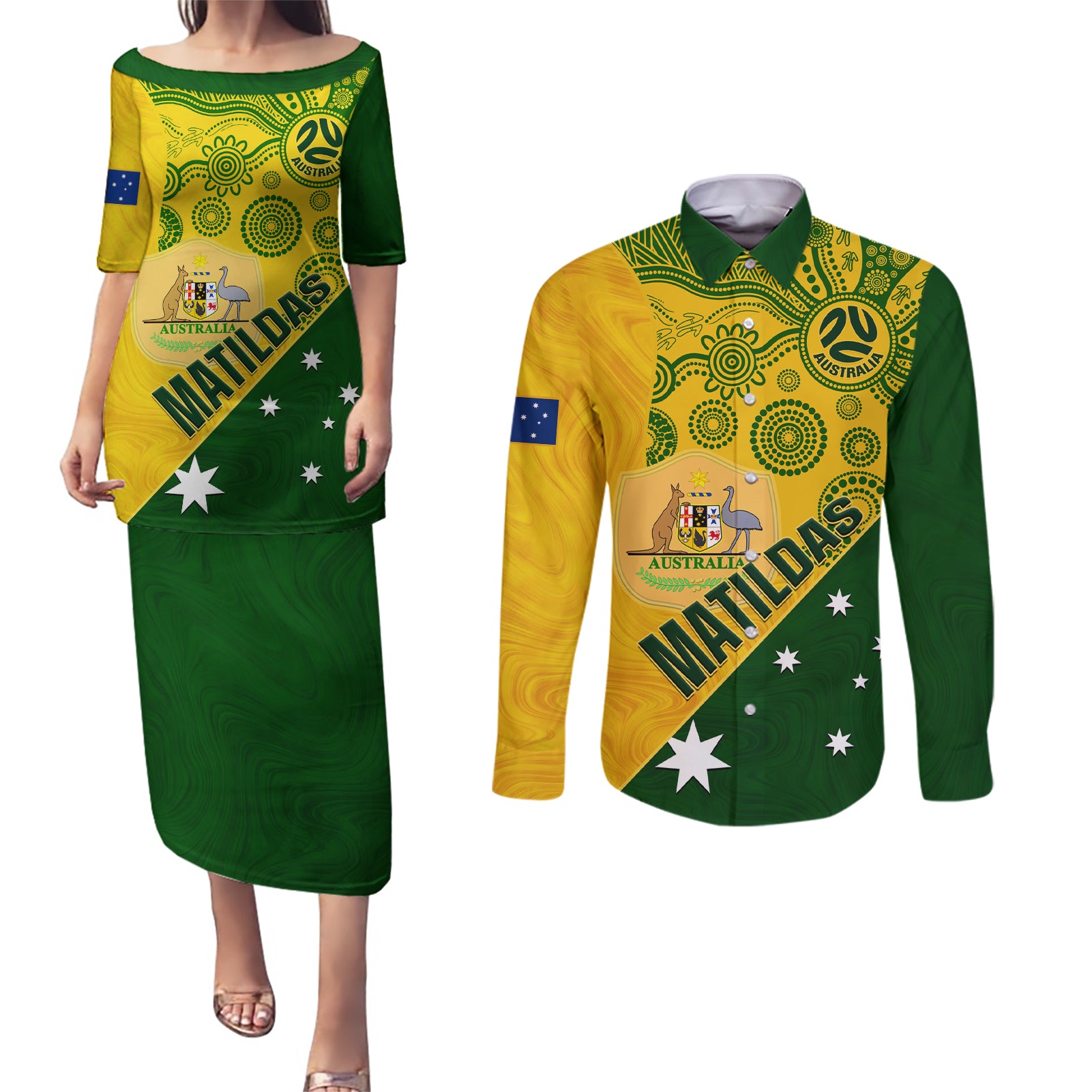 matildas-soccer-couples-matching-puletasi-dress-and-long-sleeve-button-shirt-australian-indigenous-national-color