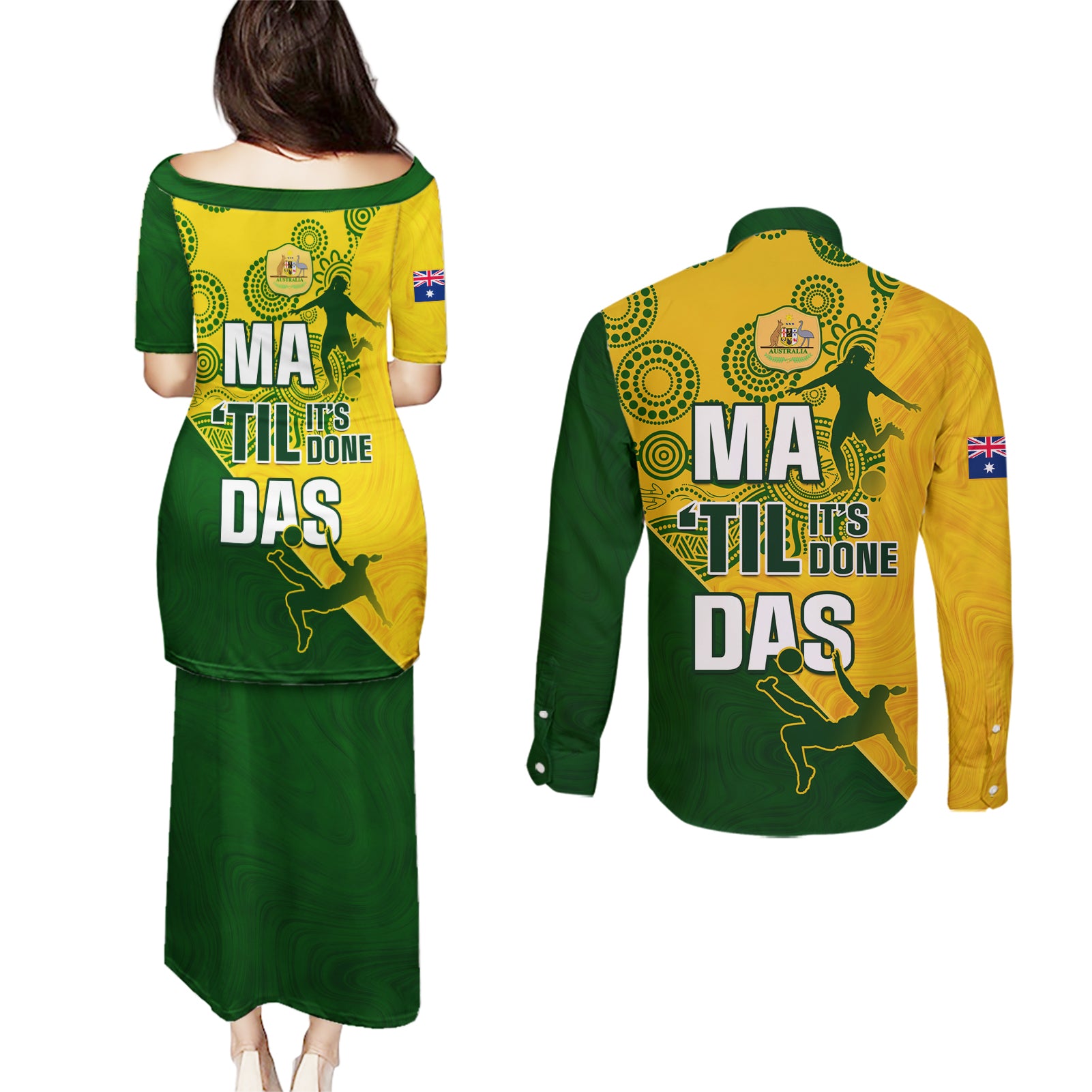 matildas-soccer-couples-matching-puletasi-dress-and-long-sleeve-button-shirt-australian-indigenous-national-color