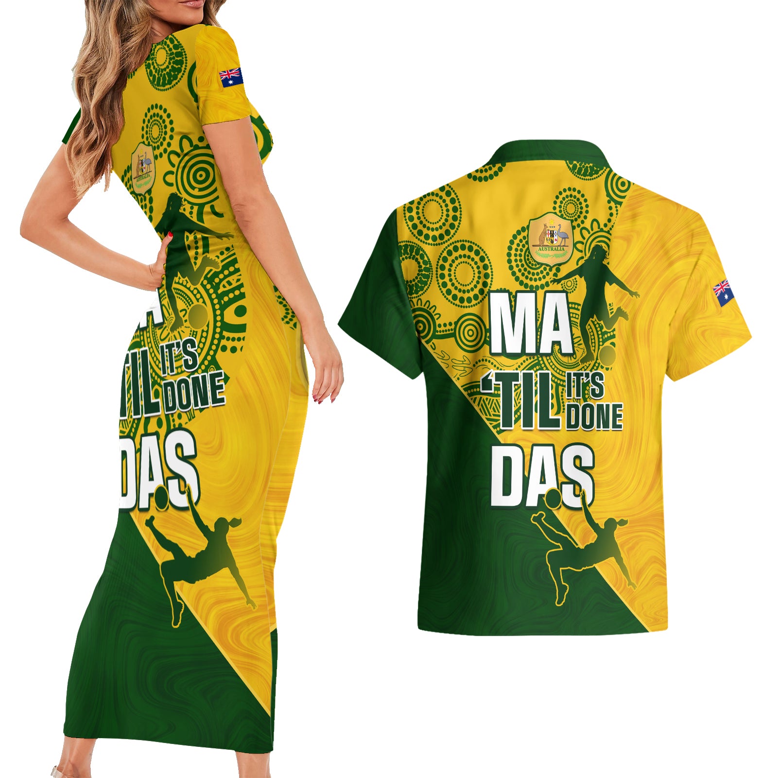 matildas-soccer-couples-matching-short-sleeve-bodycon-dress-and-hawaiian-shirt-australian-indigenous-national-color