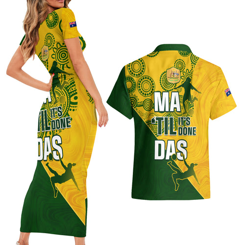 matildas-soccer-couples-matching-short-sleeve-bodycon-dress-and-hawaiian-shirt-australian-indigenous-national-color