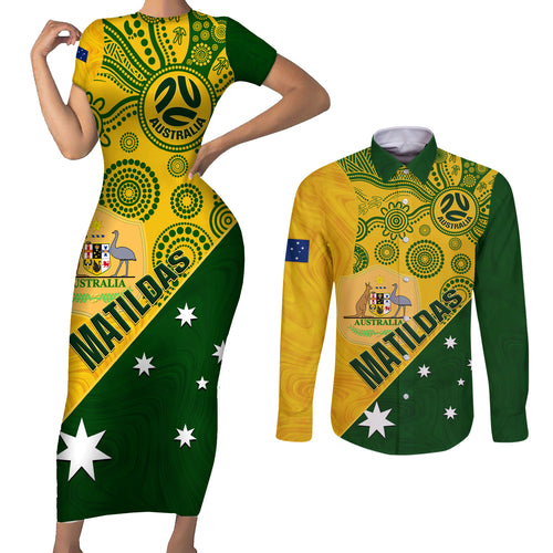 matildas-soccer-couples-matching-short-sleeve-bodycon-dress-and-long-sleeve-button-shirt-australian-indigenous-national-color