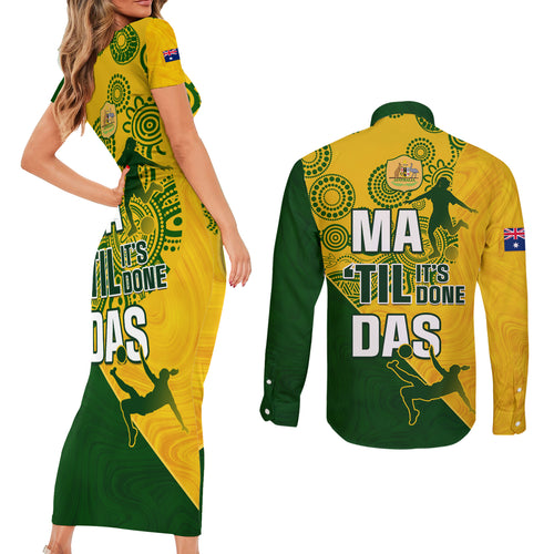 matildas-soccer-couples-matching-short-sleeve-bodycon-dress-and-long-sleeve-button-shirt-australian-indigenous-national-color