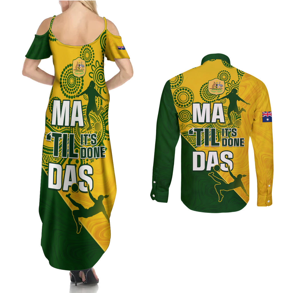 matildas-soccer-couples-matching-summer-maxi-dress-and-long-sleeve-button-shirt-australian-indigenous-national-color